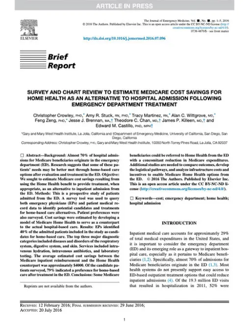 Survey and Chart Review to Estimate Medicare Cost Savings for Home Health as an Alternative to Hospital Admission following Emergency Department Treatment