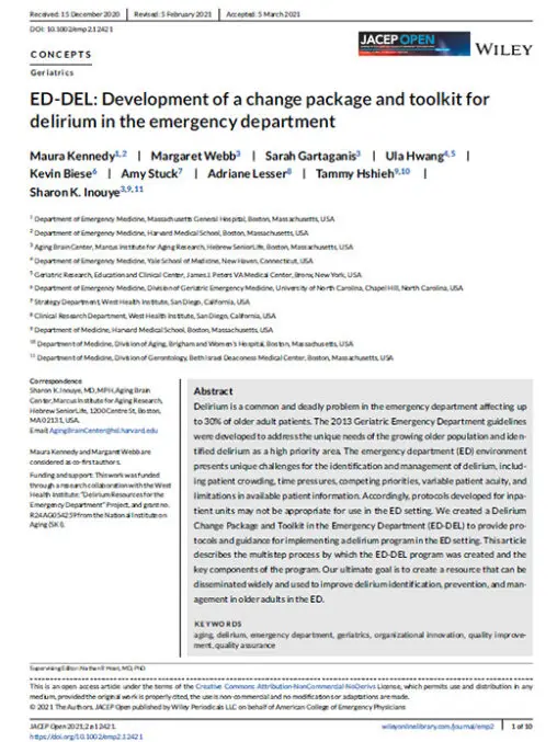 ED- DEL: Development of a Change Packet and Toolkit for Delirium in the Emergency Department