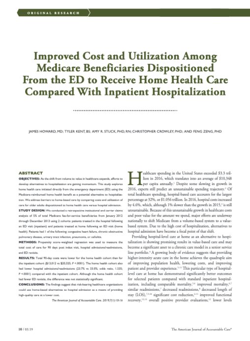 Improved Cost and Utilization Among Medicare Beneficiaries Dispositioned From the ED to Receive Home Health Care Compared With Inpatient Hospitalization