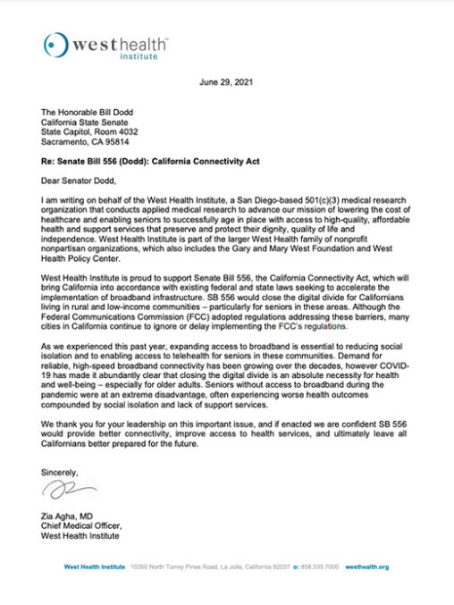 Letter from Zia Agha, MD - Senate Bill 556 (Dodd) California Connectivity Act 520x693